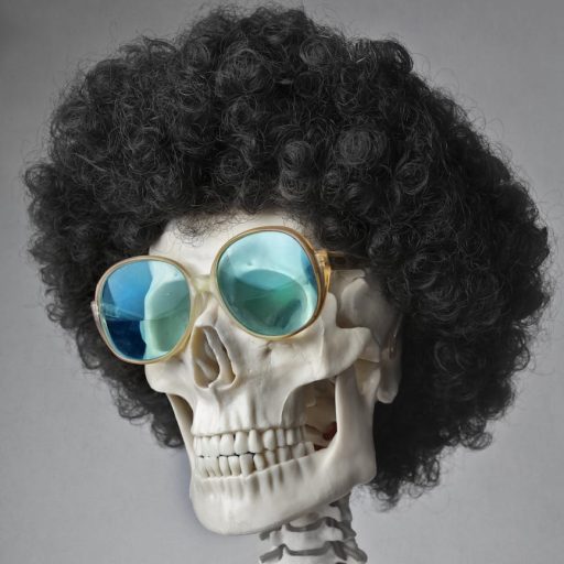 portrait photo of a skeleton in sunglasses and wig